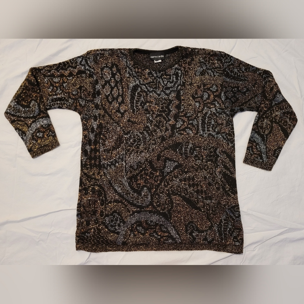 Vintage 1980s 80s Pierre Cardin Black Silver Gold Metallic Paisley Sweater L